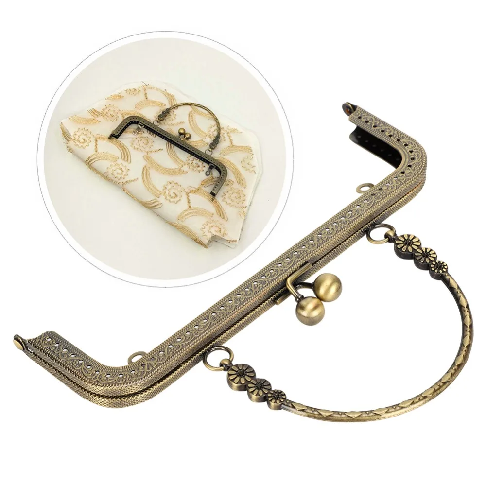 2pcs Bronze Tone Kiss Clasp Lock Embossed Square Rectangle Metal Purse Frame Portable Handle 20cm/7.87