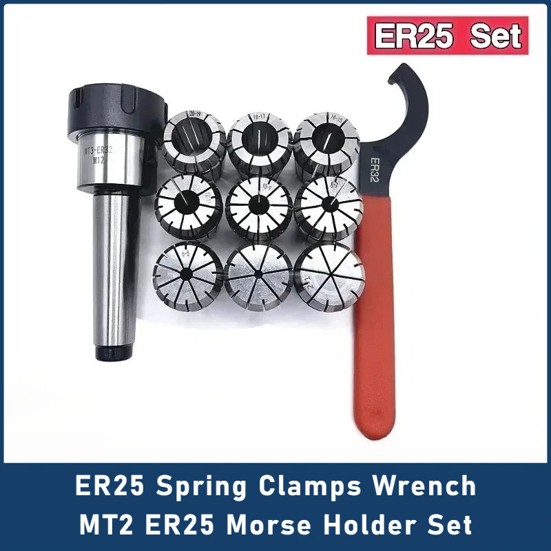 

ER25 Spring Clamps 9PCS MT2 ER25 M12 1PCS ER25 Wrench 1PCS Collet Chuck Morse Holder Cone for CNC Milling Lathe Tool Set