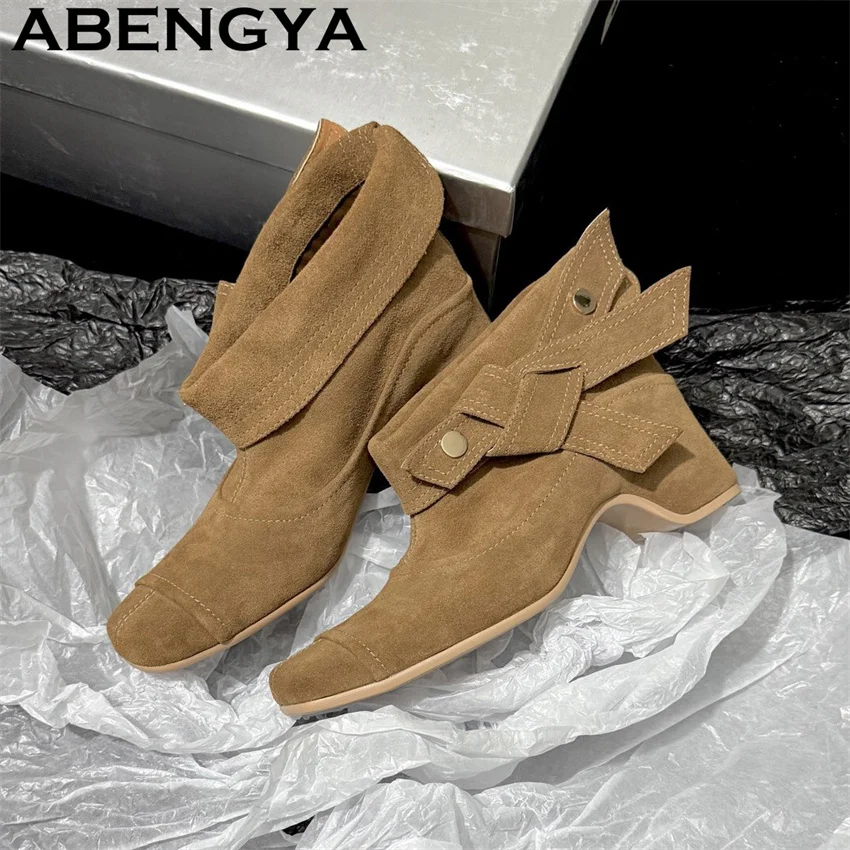 Genuine Leather Flanging Internally Short Boots Women Round Toe Wedge Heels Ankle Boots 2026 Winter Fashion Week Boots Woman
