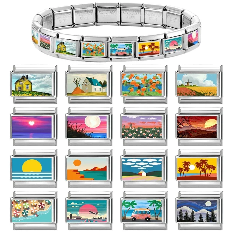 2026 Beautiful Scenery Sunrise Sea Flowers Stainless Steel Link fit 9mm Italian Scenery Series Jewelry Making DIY Charm Bracelet