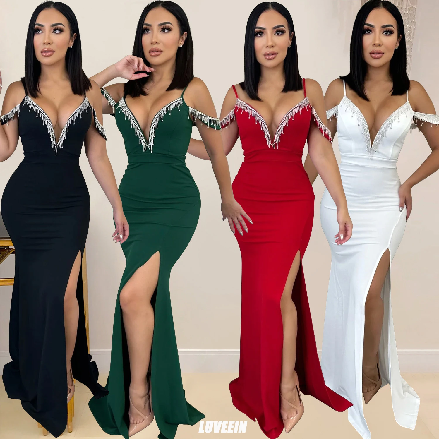 

V Neck Tassel Dress Slit Evening Club Party Wear Dresses 2023 Summer Women Fashion Sexy Party Solid Color Elegant Sexy Dress