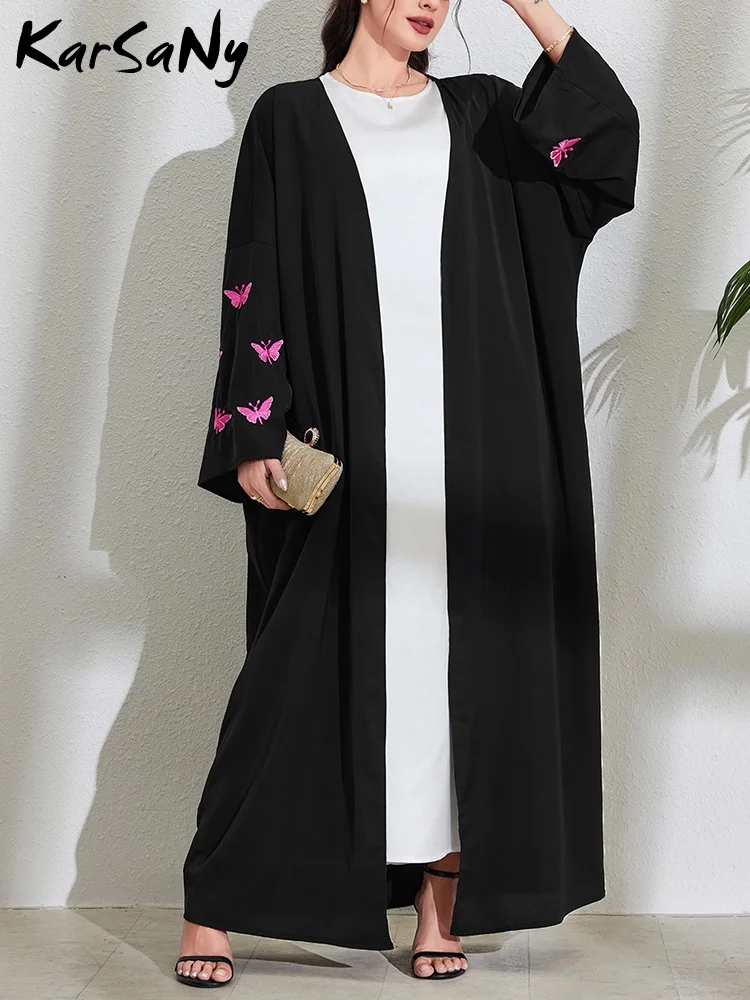 Abaya Dubai lusso farfalla ricamo Abaya nero per le donne Islam abbigliamento sciolto Casual modesto abito tinta unita cappotto musulmano