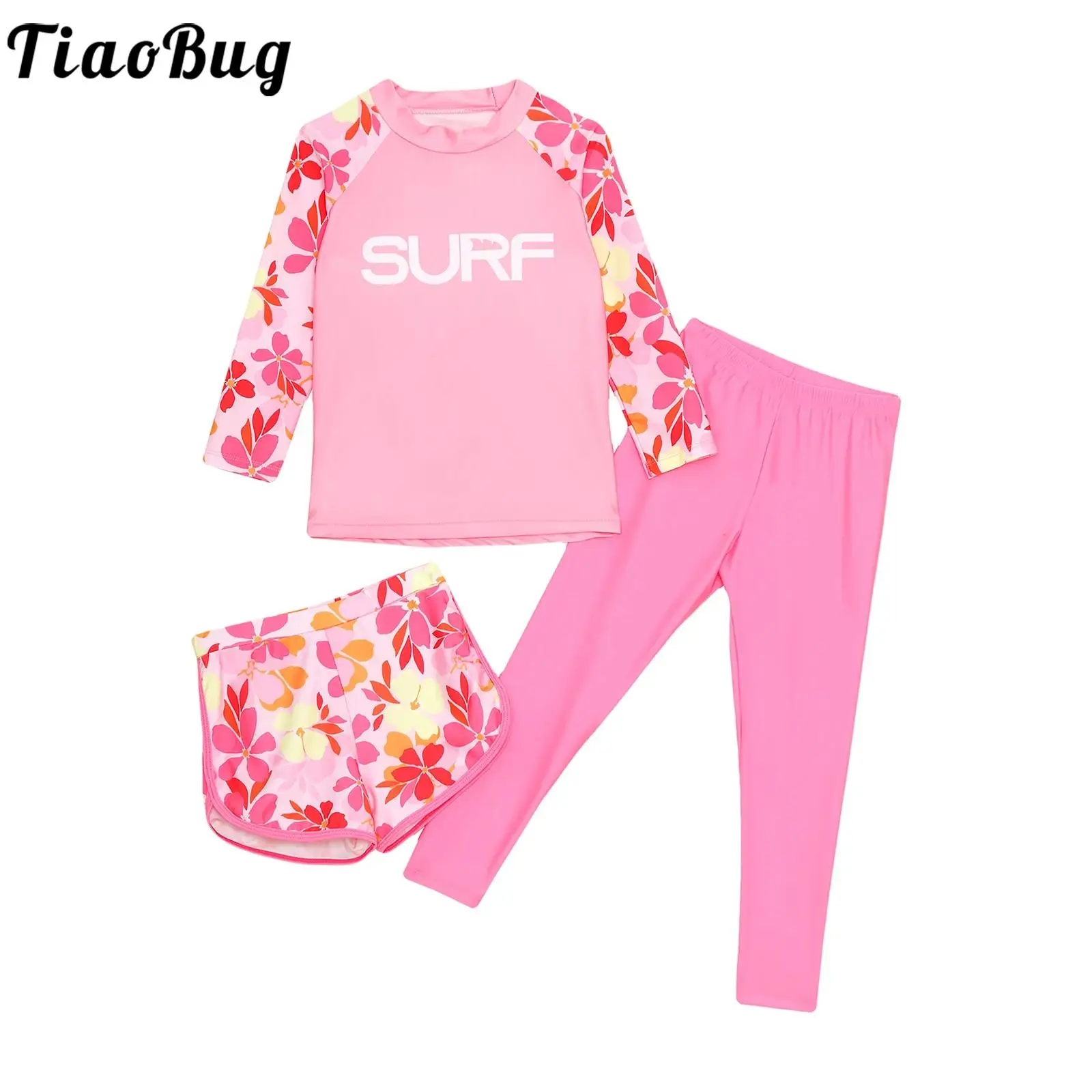 

Kids Girls Boys 3 Pieces Swimsuit Rash Guard Long Sleeve UPF 50+ Swim Top with Shorts Pants Pool Beach Surfing Bathing Suits