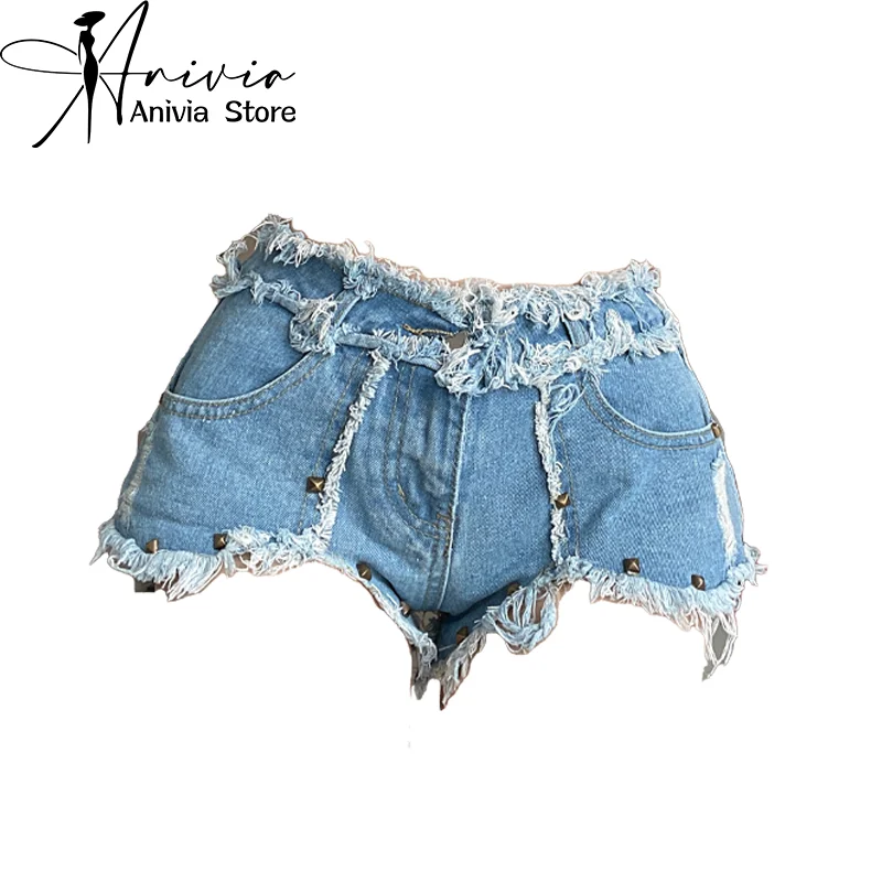 

American Retro Women's Summer High Street Y2K Jeans Wide Legged Spicy Girl Ragged Edge Tassel Fashion Shorts Street Clothing