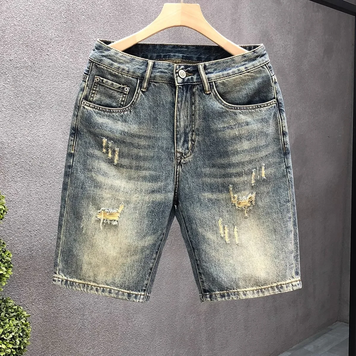 

Summer American Casual Vintage Ripped Denim Shorts Men Loose High Street Five-Point Trendy Pants Comfortable Breathable