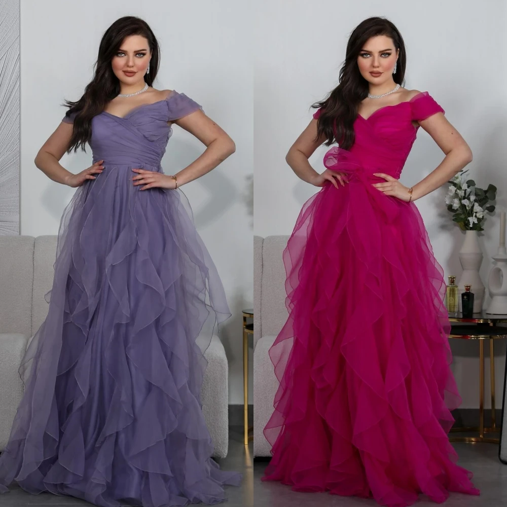 Fora do ombro A-Line plissado Tulle Dress, Vestido de baile, Arábia Saudita Formal Estilo moderno, Vestidos Ocasião Bespoke