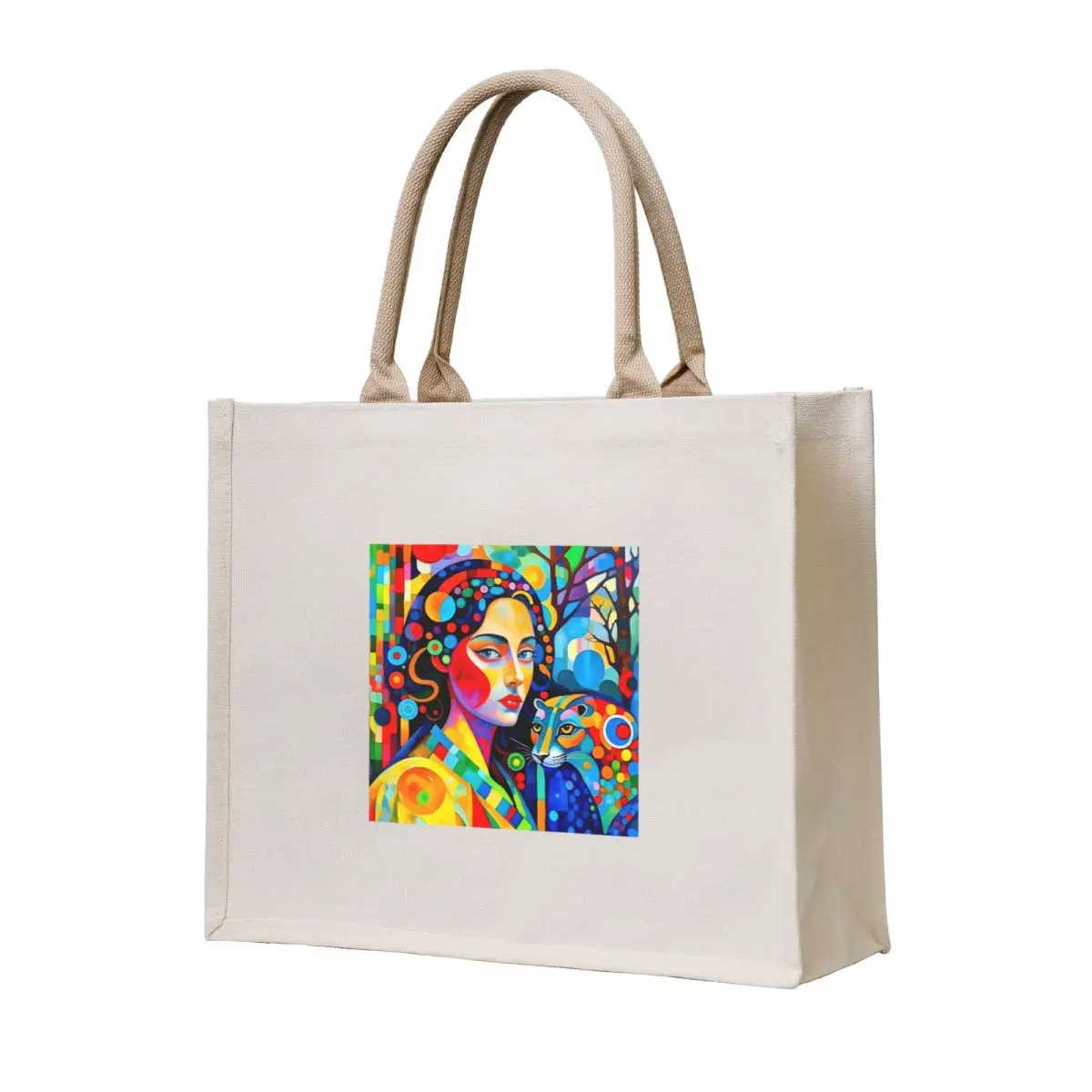 

A woman and a leopard. Tote Bag custom bags Handbags Portable shopping bag