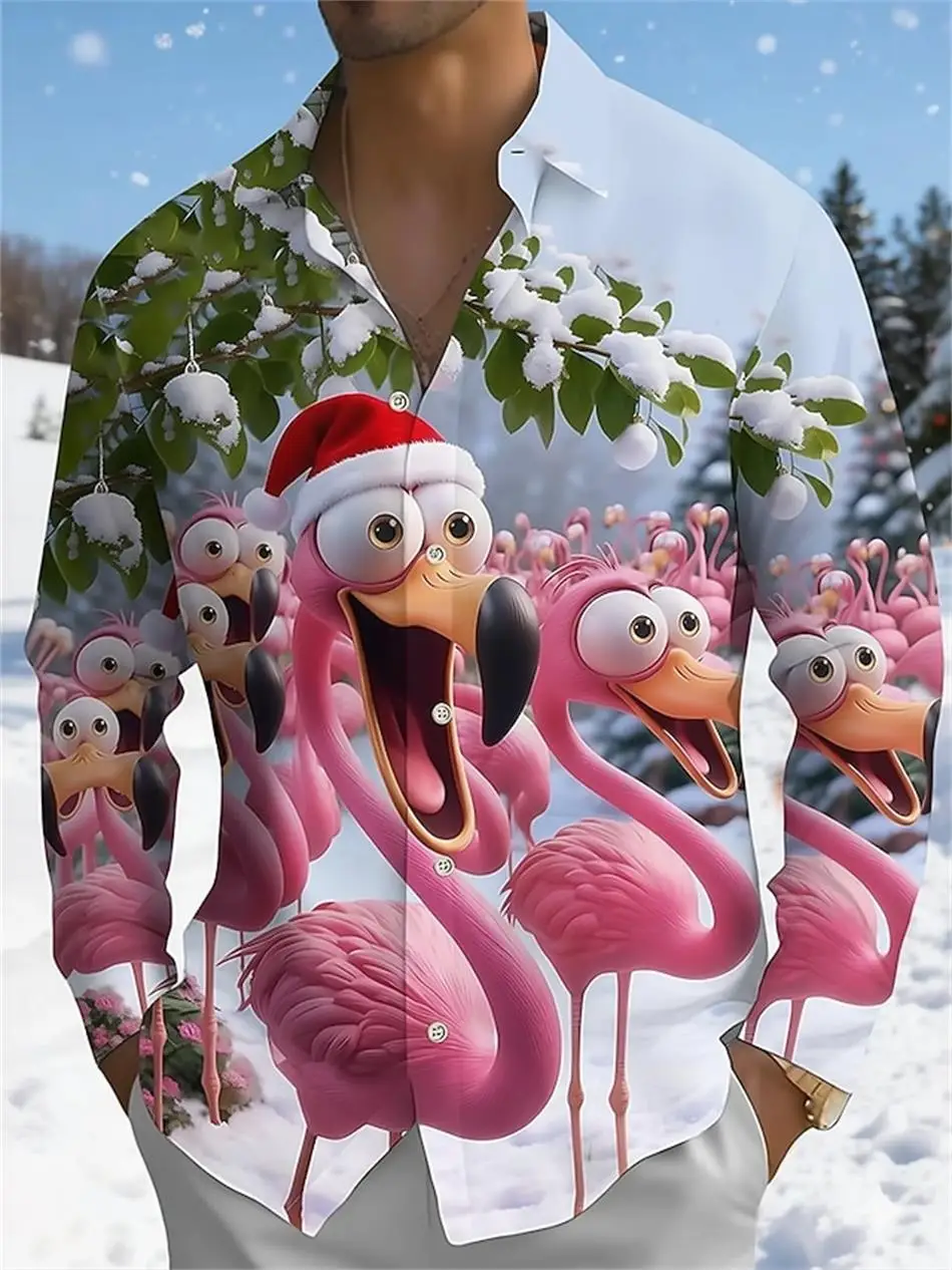 

New men's long sleeved shirt with Christmas animal theme design, 3D printed pattern, men's fashion button lapel casual party plu