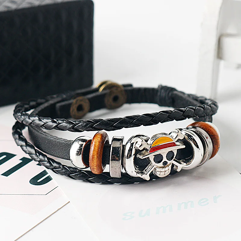 Anime One Piece Leather Bracelet Straw Hat Luffy Skull Multi layer Woven Leather Bracelet