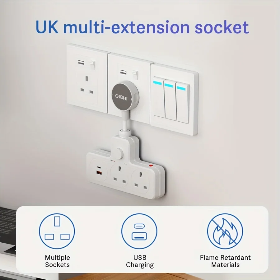 3 way extension socket Fast charging PD20W 13A 3250W,Main control switch, surge protector overload function  power strip