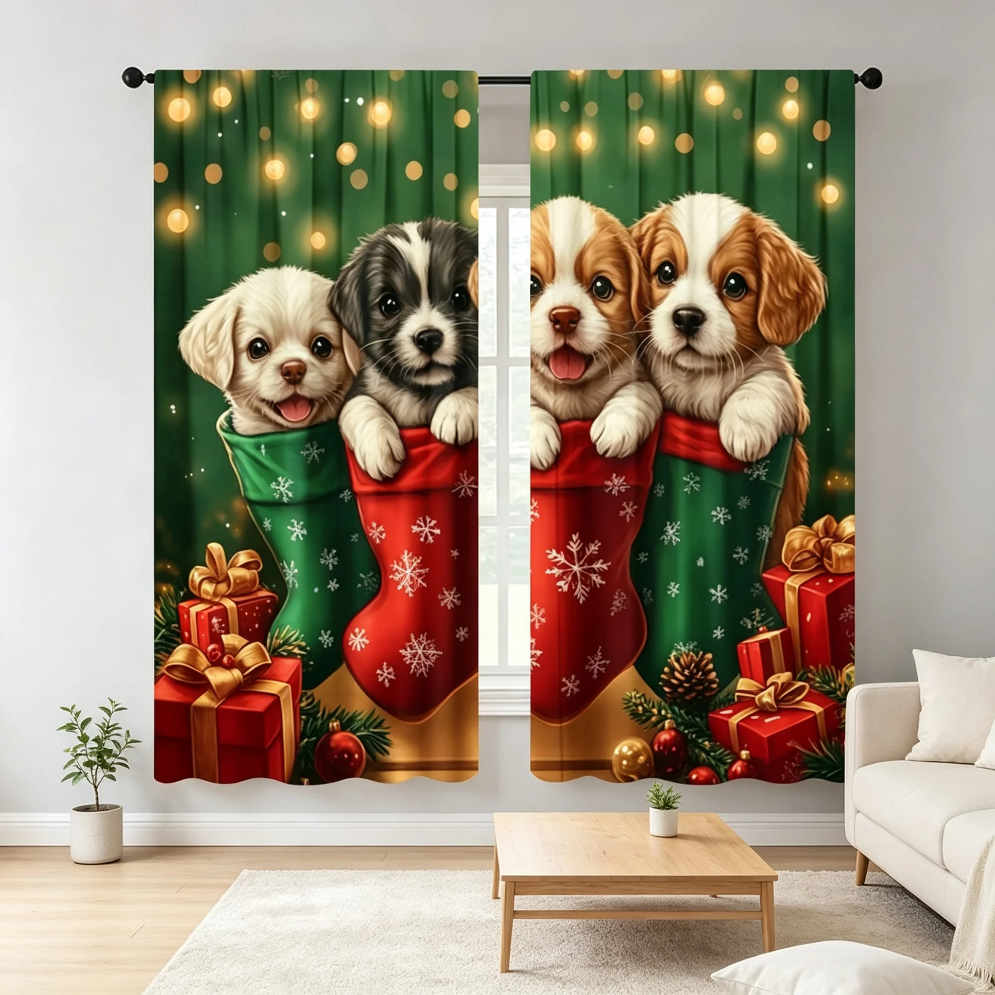 2PCS Christmas Curtains Puppies in Xmas Stocking Green Background Warm Light Digital Print Drapes for Living Room Bedroom Decor
