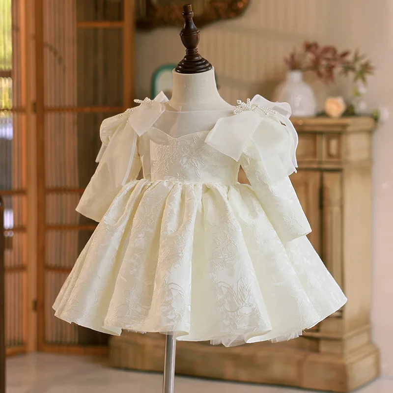 Fashion Baby Girl Princess Bow Pearl Dress Long Sleeve Infant Toddler Child Vestido Wedding Party Birthday Baby Clothes 12M-14Y