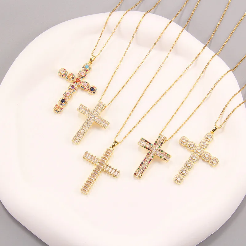 Fashion Colorful Zircon Cross Pendant Necklace Stainless Steel Classic Geometric Choker Jewelry Birthday Gifts For Women Girls