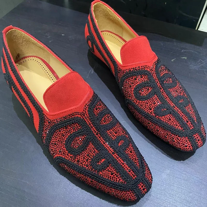 New Italy Red Suede Men Shoes Luxury Rhinestone Loafers Leather Shoes Man Dress Shoes Slip On Flats Party And Wedding Shoes