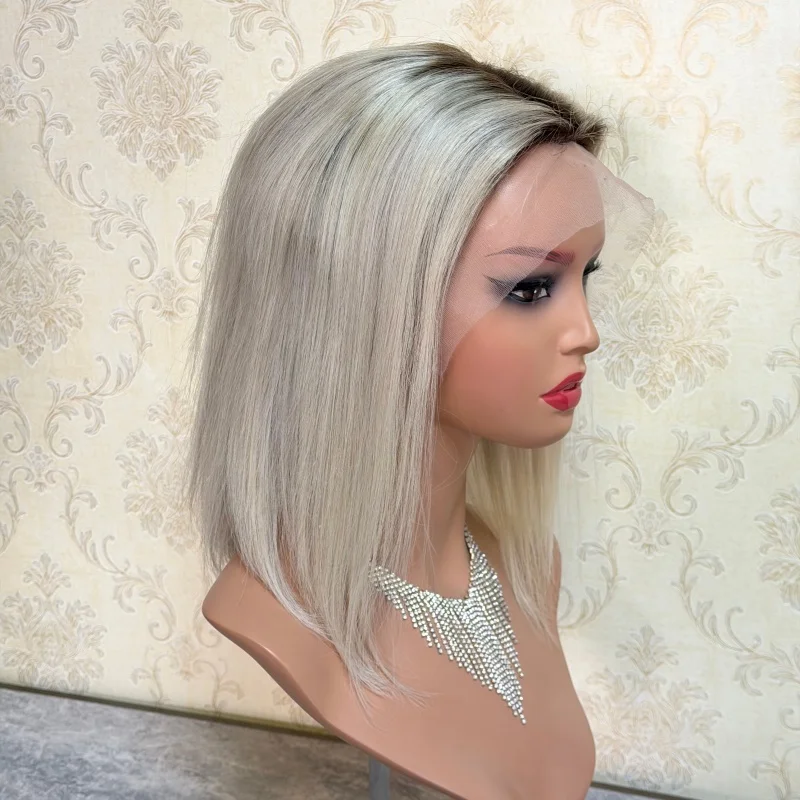 วิกผมบ๊อบสั้นสีบลอนด์เงิน ผมแท้ 13x4 วิกผมหน้าผากลูกไม้ ผมแท้ ถอนขนแล้ว ลูกไม้โปร่งใส ความหนาแน่น 180% วิกผมหน้าผากลูกไม้