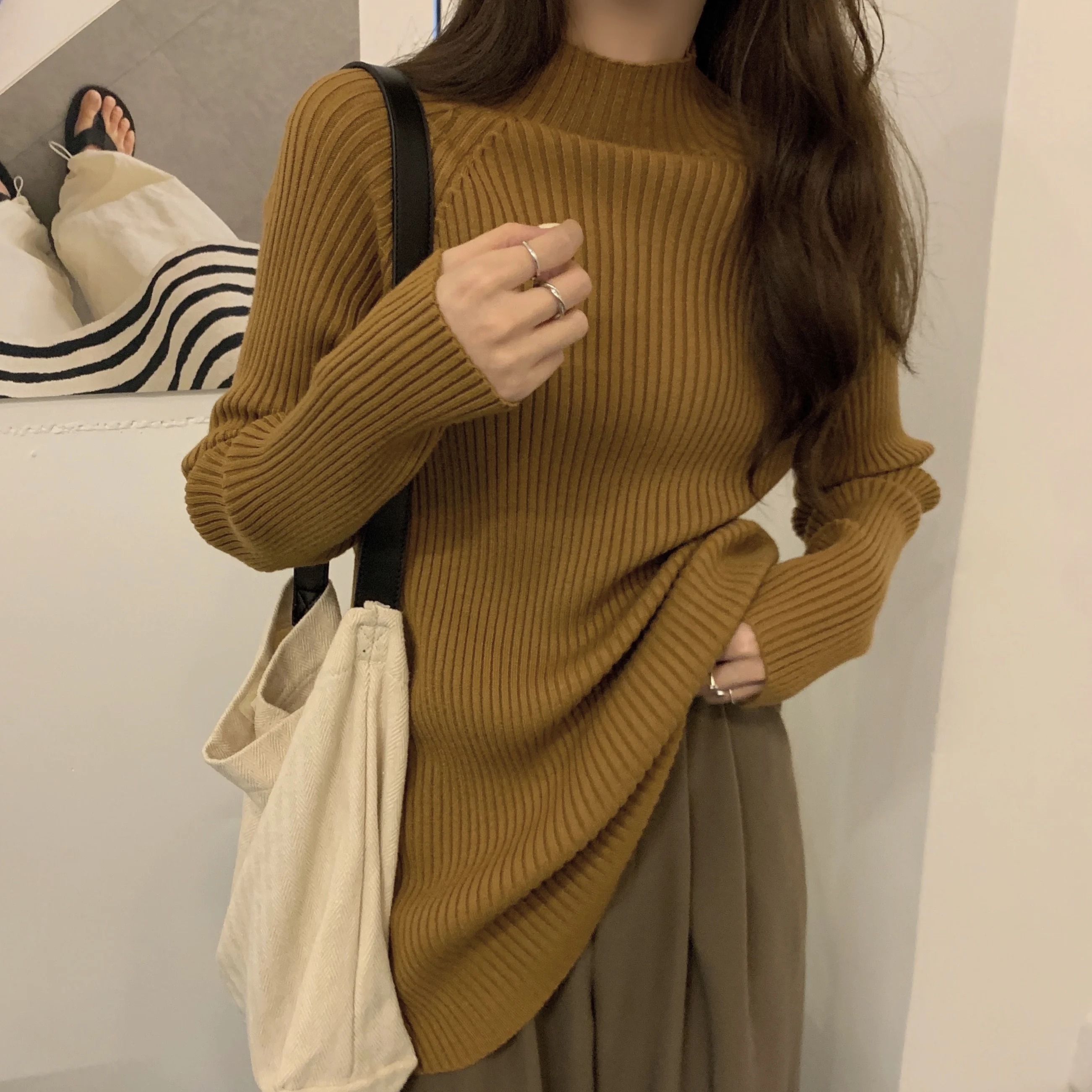 Suéter de punto ueso de longitud media, estilo plón ark Base, ible con botas largas, cuello medio alto, cálido ...