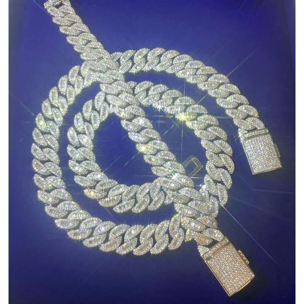 Yu Ying Fine Jewelry 925 Solid Silver 15mm Width Baguette Moissanite Chain Hip Hop Rapper Necklace Cuban Link Chain