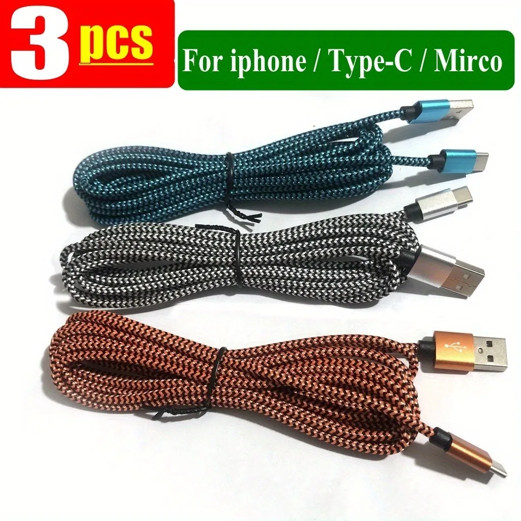 【 3pcs 3 / 1 meter 】  Fast Charging Charger For iphone type C USB C micro Cable Nylon Braided data cable fast charger