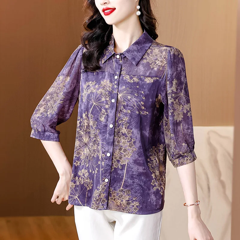 Summer Elegant Fashion Purple Chiffon Shirts Women Chinese Style Vintage Short Sleeve Turn-down Collar Blouses Chic Loose Tops