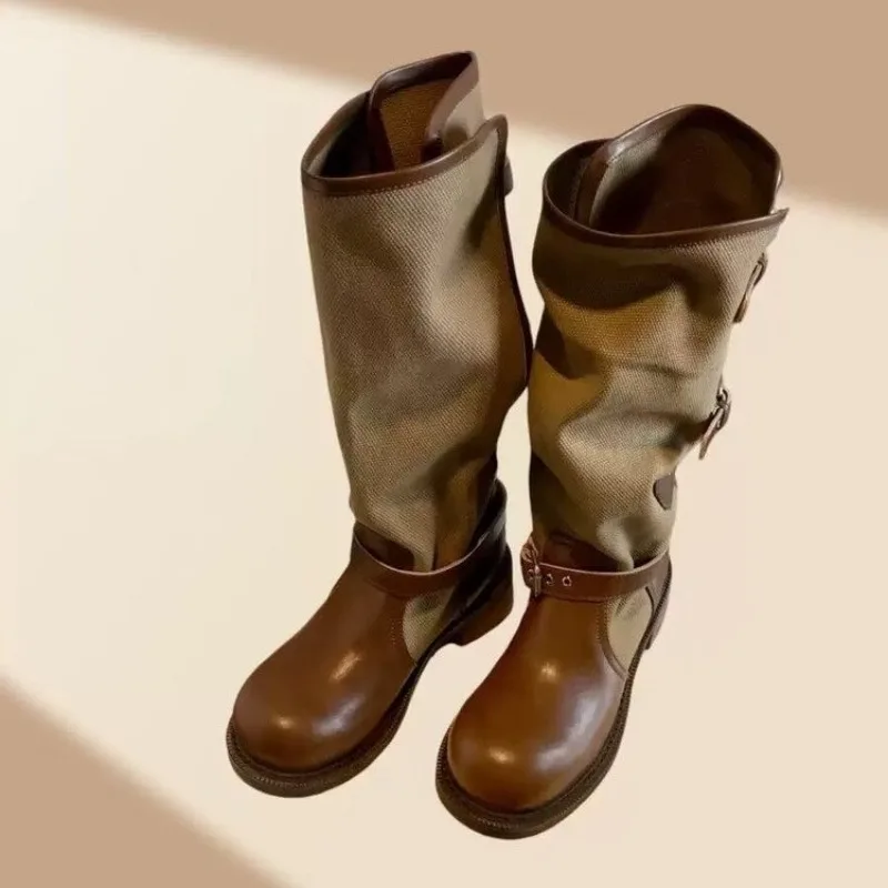 Vintage Spliced Block Heel Shoes Women's 2026 New Summer Platform Small Man Longtube Knight Boots view 5