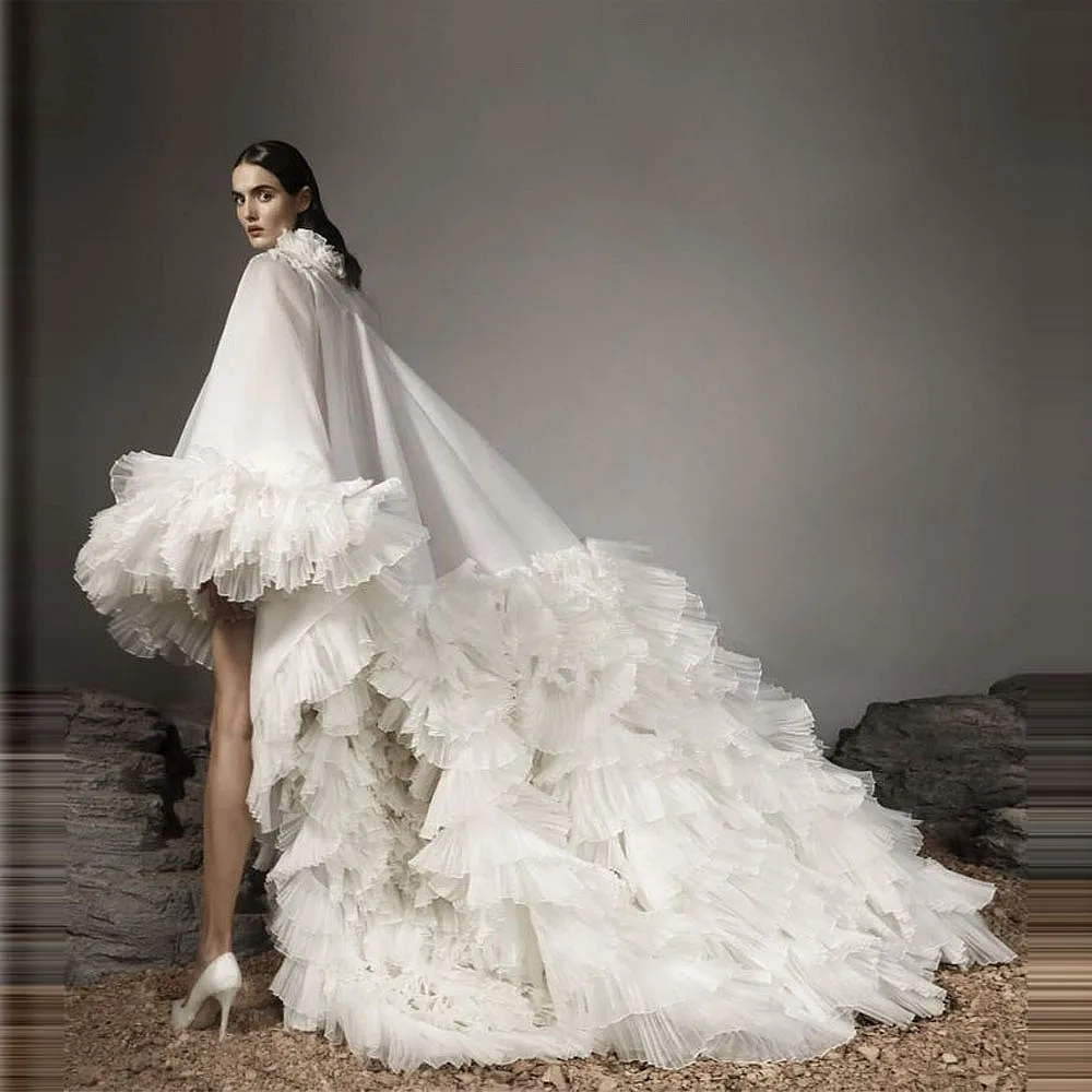 Puffy chique alta baixa vestidos com capa em camadas babados feminino ocasião especial vestido de noiva