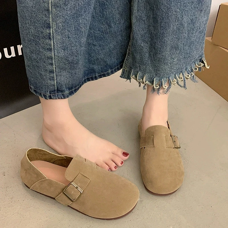 

Retro Bean Shoes Women's New Simple Fashion Cowhide Soft Bottom Round Head Flat Casual Shoes with One Step Stepping