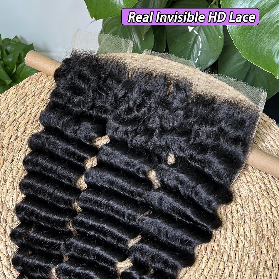 Глубокая волна 4x6 Невидимая HD кружевная застежка Человеческие волосы Предварительно выщипанные отбеленные узлы Кружева Натуральный черный цвет 100% необработанные человеческие волосы