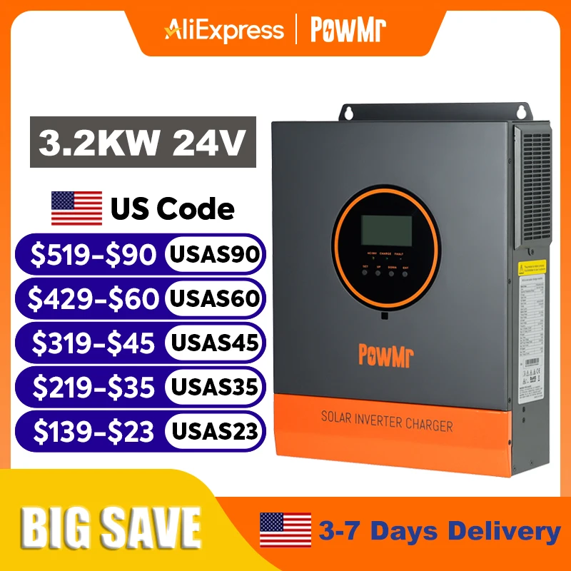 PowMr 3.2KW Hybrid Solar Inverter 24V 110V Off Grid Pure Sine Wave Inverter Single Phase with MPPT 60A Solar Battery Charger