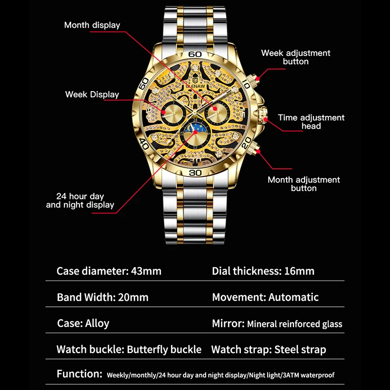 GLENAW NEW Gold Skeleton Watch for Men Fashion Diamond Luxury Automatic Mechanical Watches Luminous Hands Stainless Steel Strap