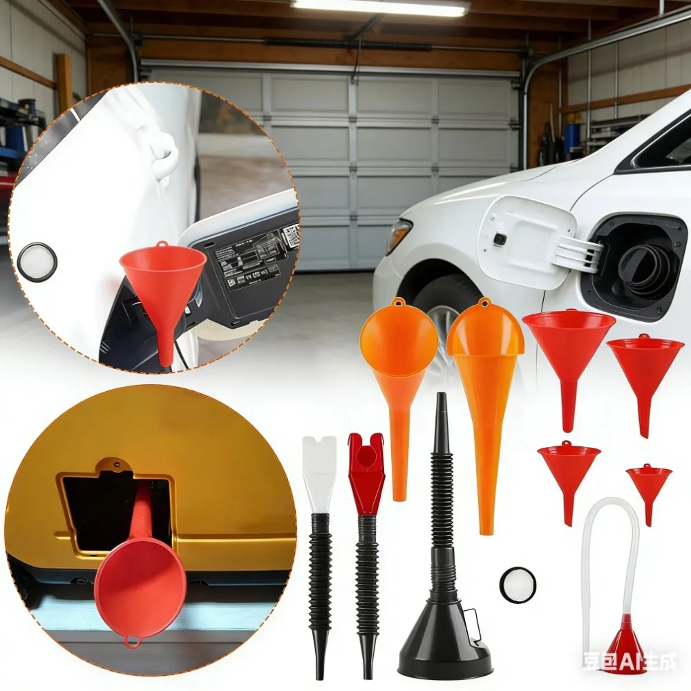 

Multi-piece Car Plastic Funnel Set Wide-Mouth Fuel and Oil Multi-Purpose Flexible Right-Angle Funnel, for Coolant and Oil