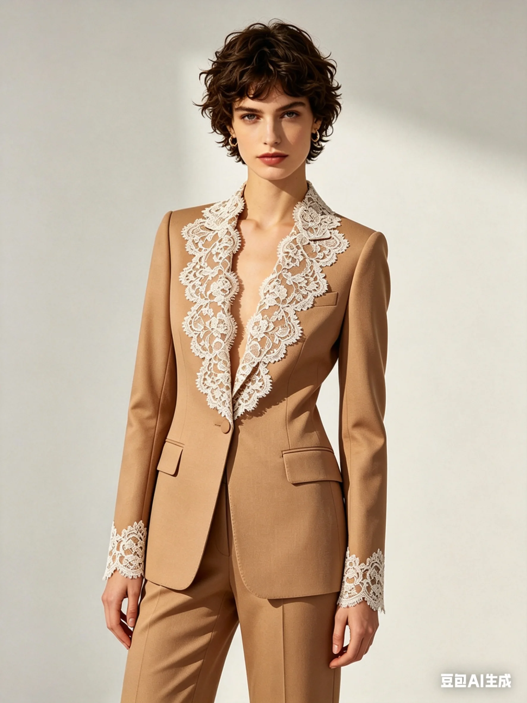 

Champagne White Lace Women Suit Set 2 Pcs Blazer+Pants Spring Cotton Formal Office Lady Jacket Customized Wedding Guest Coat