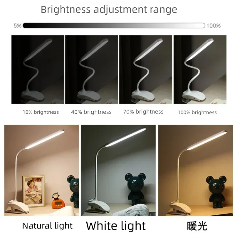 LED Reading Light: Clip-on or freestanding, 3 color options and 10 brightness settings, flexible gooseneck lamp, bedside night l