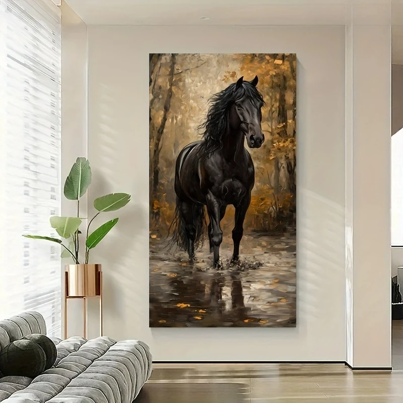 Large-sized frameless canvas paintings,Black Horse in Autumn Forest Poster and Prints Modern Animal Art Canvas Painting Wall Art