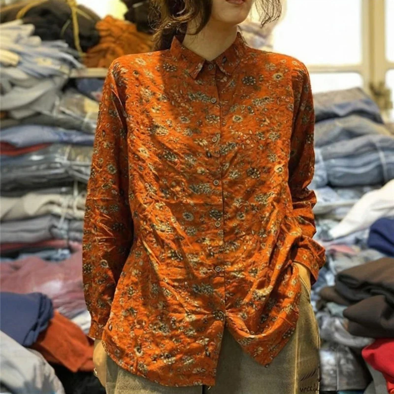 

Literary Printed Floral Blouse Spring Autumn Stylish Polo Neck Coton Hemp Shirt Women Vintage Loose Top Versatile