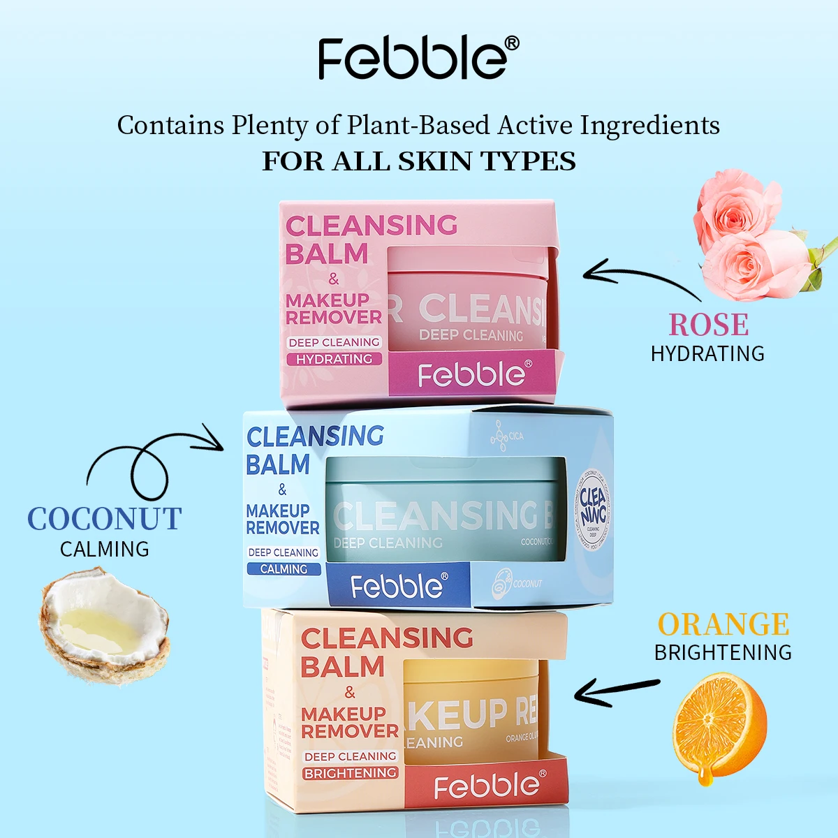 Febble Makeup Remover - Deeply cleansing and moisturizing makeup remover with rose, coconut and orange fragrance