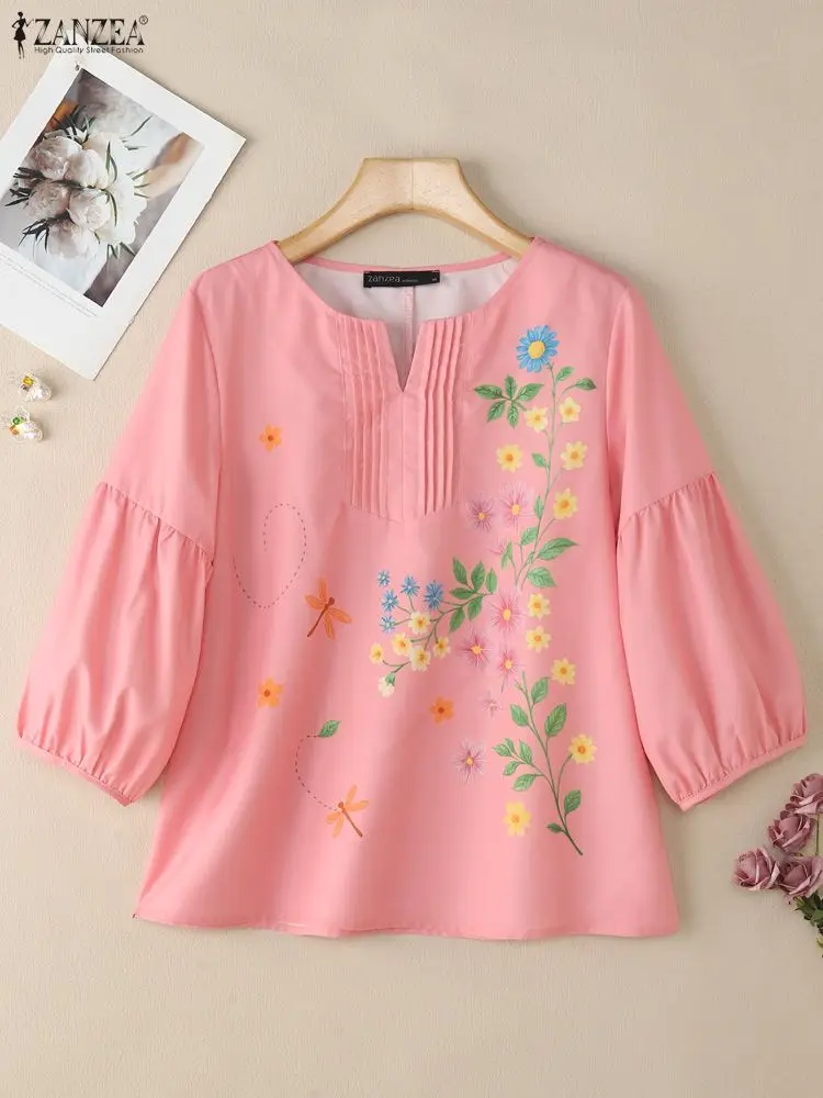 2025年 ザンゼア 秋 レディース トップス エレガント ワークシャツ カジュアル 長袖 花柄プリント ブラウス Oネック ルーズ ブラウス チュニック オーバーサイズ