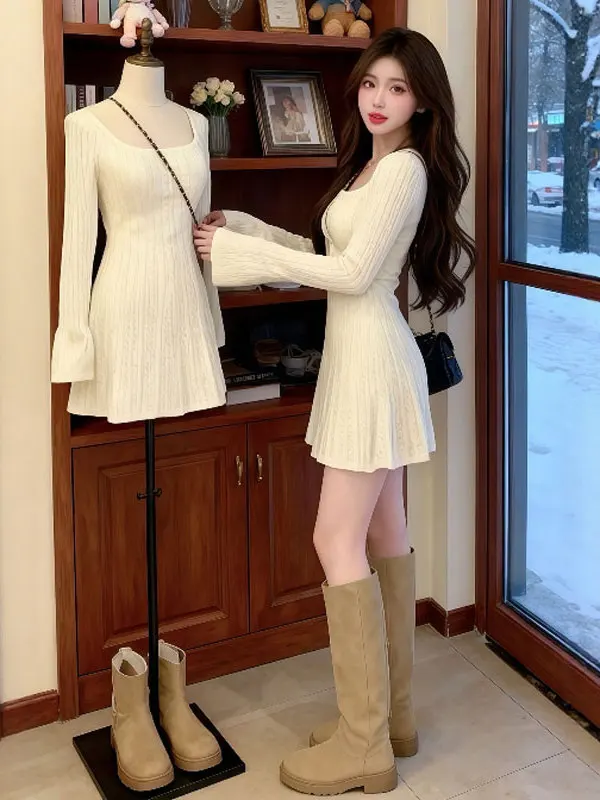 

Корейское модное трикотажное платье с эффектом утяжки талии, осеннее, с длинным рукавом, с завышенной талией, из смесового хлопка