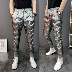 Novos homens inverno para baixo calças magros calças casuais magro brilhante couro ao ar livre à prova de vento à prova dthick água grosso quente algodão calças