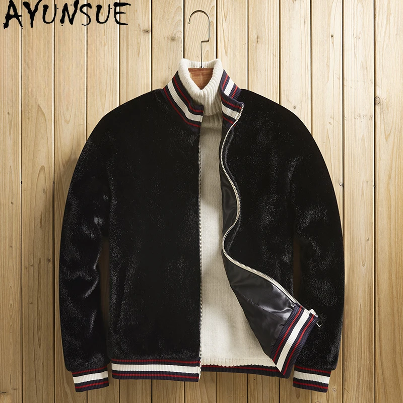 AYUNSUE Winter Faux Mink Fur Mens Jacket Baseball Collar Jackets Mens Clothing Fashion Winter Outwear Mens Casacas Para Hombre