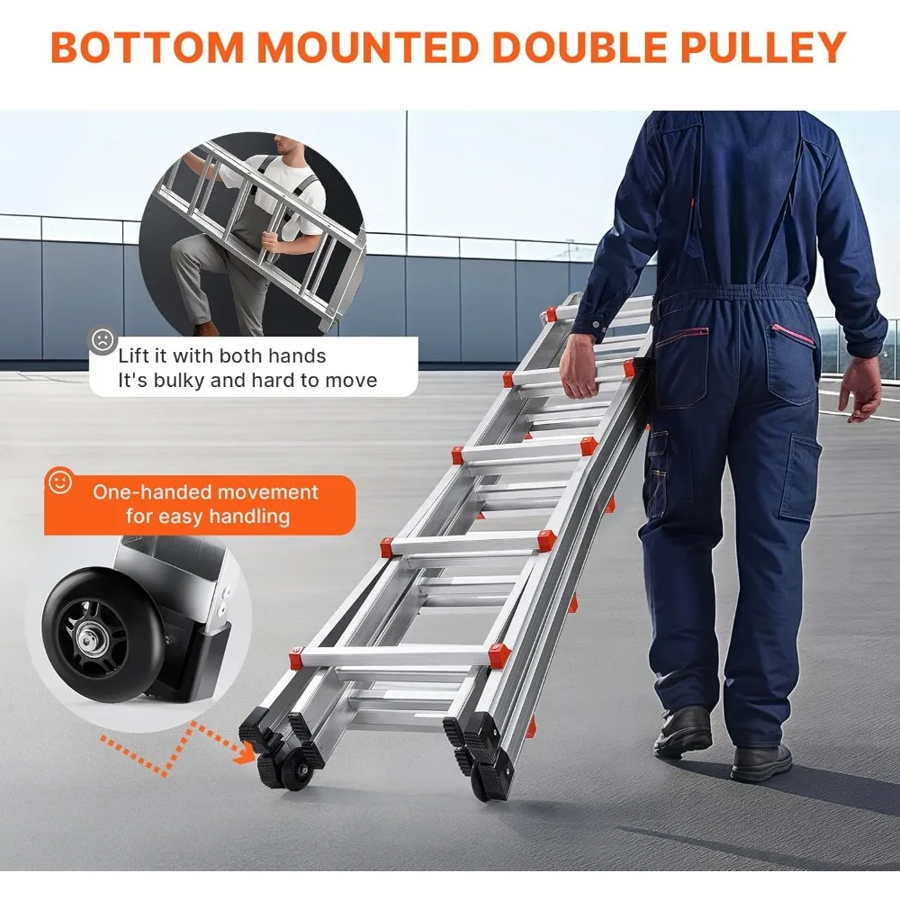 Échelle d'extension en aluminium de 17 pieds, conception de cadre en A télescopique, compacte et portable pour une utilisation en camping-car, échelle pliable multifonction