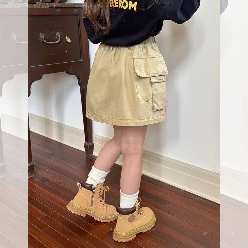 Children Clothes Girls Pocket Cargo Short Skirt Fashionable 2024 Autumn Solid Color Casual Simple Girls Sweet Cool Skirt