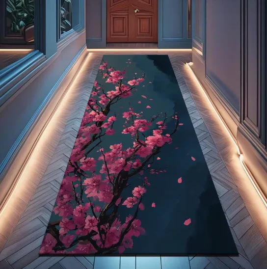 The Blooming Pink Cherry Blossom Petals on The Long Running Track Carpet Are Suitable for Corridors Kitchens Home Decor Carpets