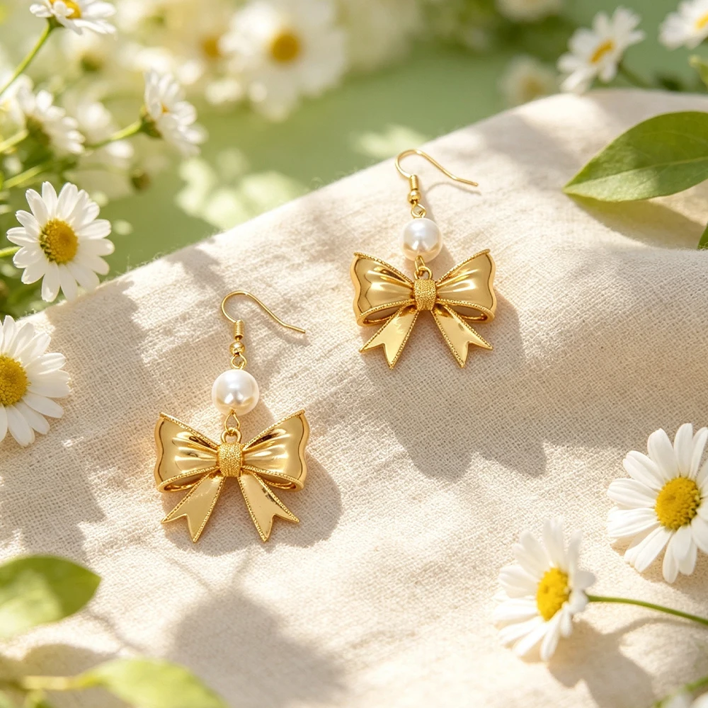 Imitation Pearl Earrings with a Three-Dimensional Bow Pendant, Available in Gold and Silver, with a Vintage and Gentle Vibe, Long Dangle Design, Versatile for Daily Wear, Commuting, and Dates