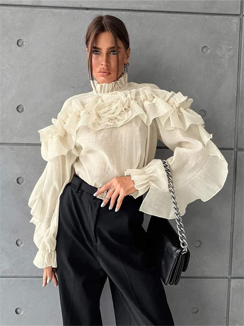 Elegant Ruffles Shirts Blouses Autmn Clothes Women 2024 Fashion Flowers Long Sleeve Loose Shirts Party Club Stand Collar Tops