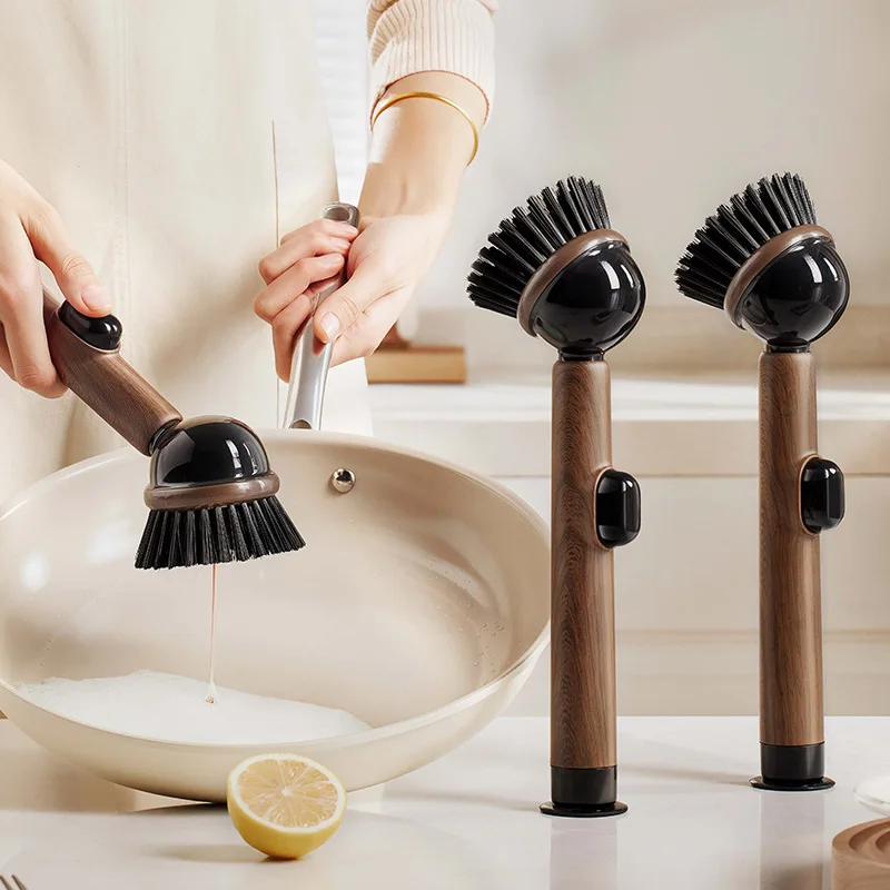 

Wood Grain Suction Cup Pot Brush for Immediate Liquid Dispensing, Long Handle Kitchen Brush That Won't Damage Pots