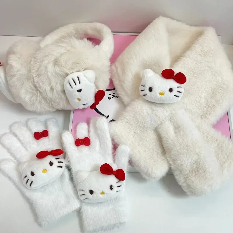 

MINISO Glove Hello Kitty Anime Peripheral Three Piece Set Warm Cold Proof Plush Fur Gloves Earmuffs Scarves Fashion Cute Cartoon