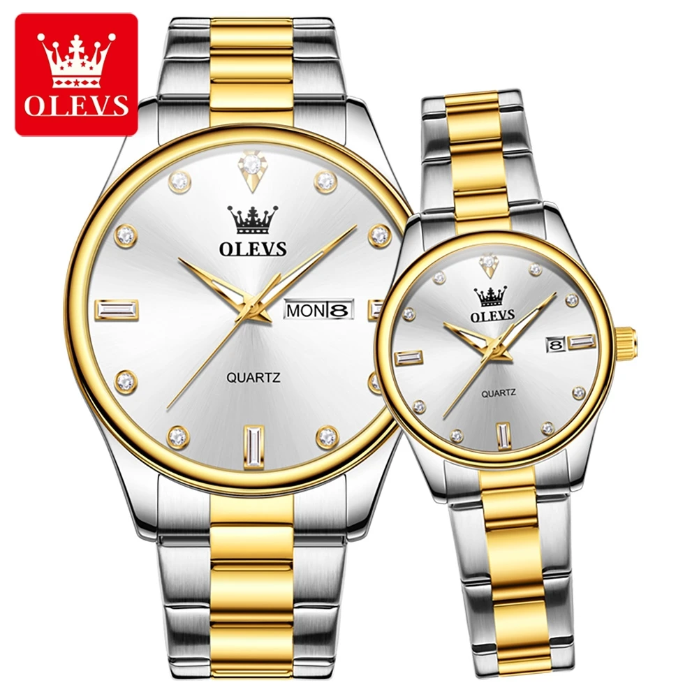 Olevs marca original casal relógio de luxo relógio quartzo à prova dwaterproof água aço inoxidável data dele e dela amante da moda casal relógio