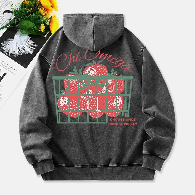 

Strawberries Washed Hoodie Womens Fresh Fruit Printed Cotton Tops Long Sleeves Pocket Oversize Pullover Vintage Womans Clothes