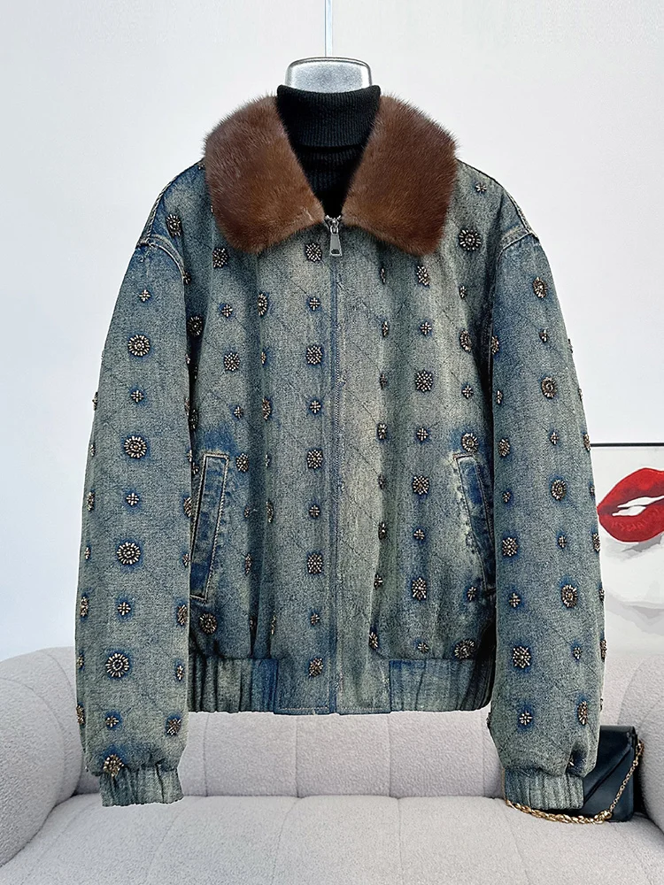 เสื้อแจ็คเก็ตยีนส์บุขนเป็ดสำหรับผู้หญิง ฤดูใบไม้ร่วง-ฤดูหนาว ปี 2025  พร้อมปกขนมิงค์แท้ สไตล์ลำลอง