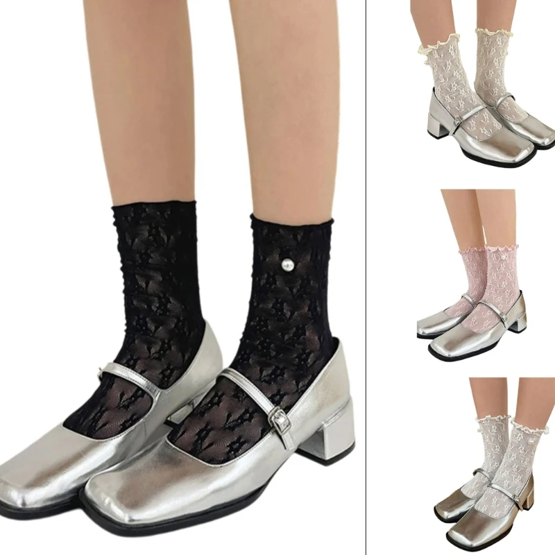 Women Girls Korean Elegant Pearl Beaded Middle Tube Calf Sock Aesthetic Hollowed Out Flower Lace Ruffle Frilly Sock